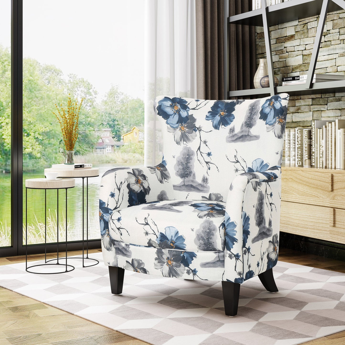 Fauteuil Club Rembourré en Tissu Imprimé Moderne Rétro