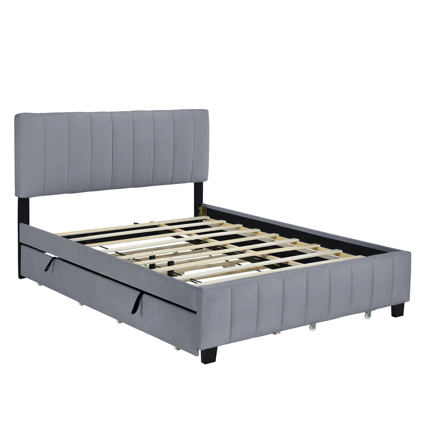 Queen Size Velvet Upholstered Platform Bed with 2 Drawers and 1 Twin XL Trundle- Gray - Korvel