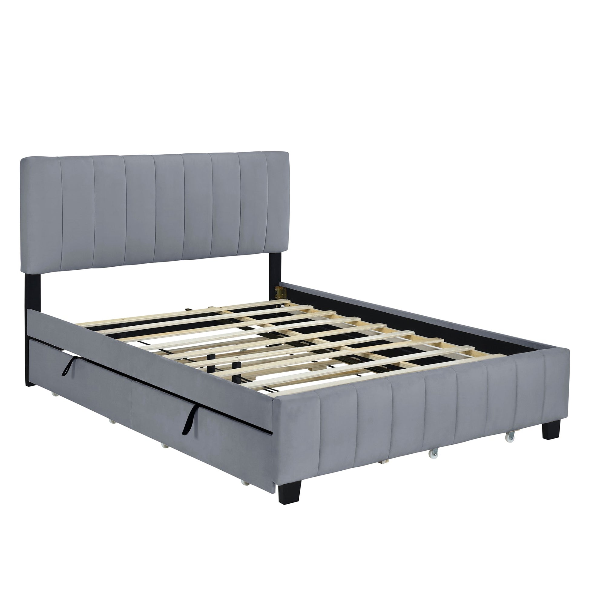Queen Size Velvet Upholstered Platform Bed with 2 Drawers and 1 Twin XL Trundle- Gray - Korvel