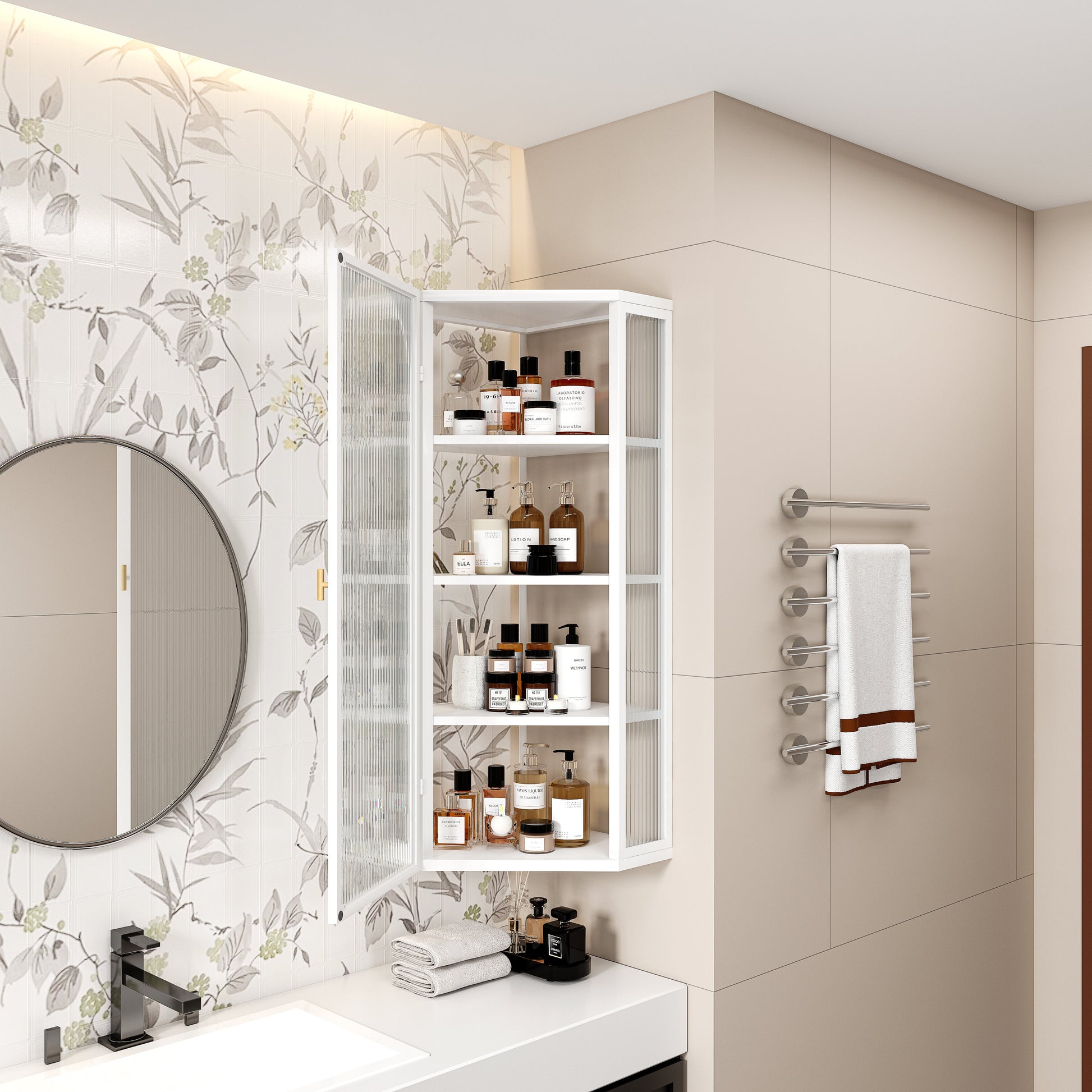 Glass Door Wall Mounted Corner Cabinet with Featuring Four-tier Storage  White - Korvel