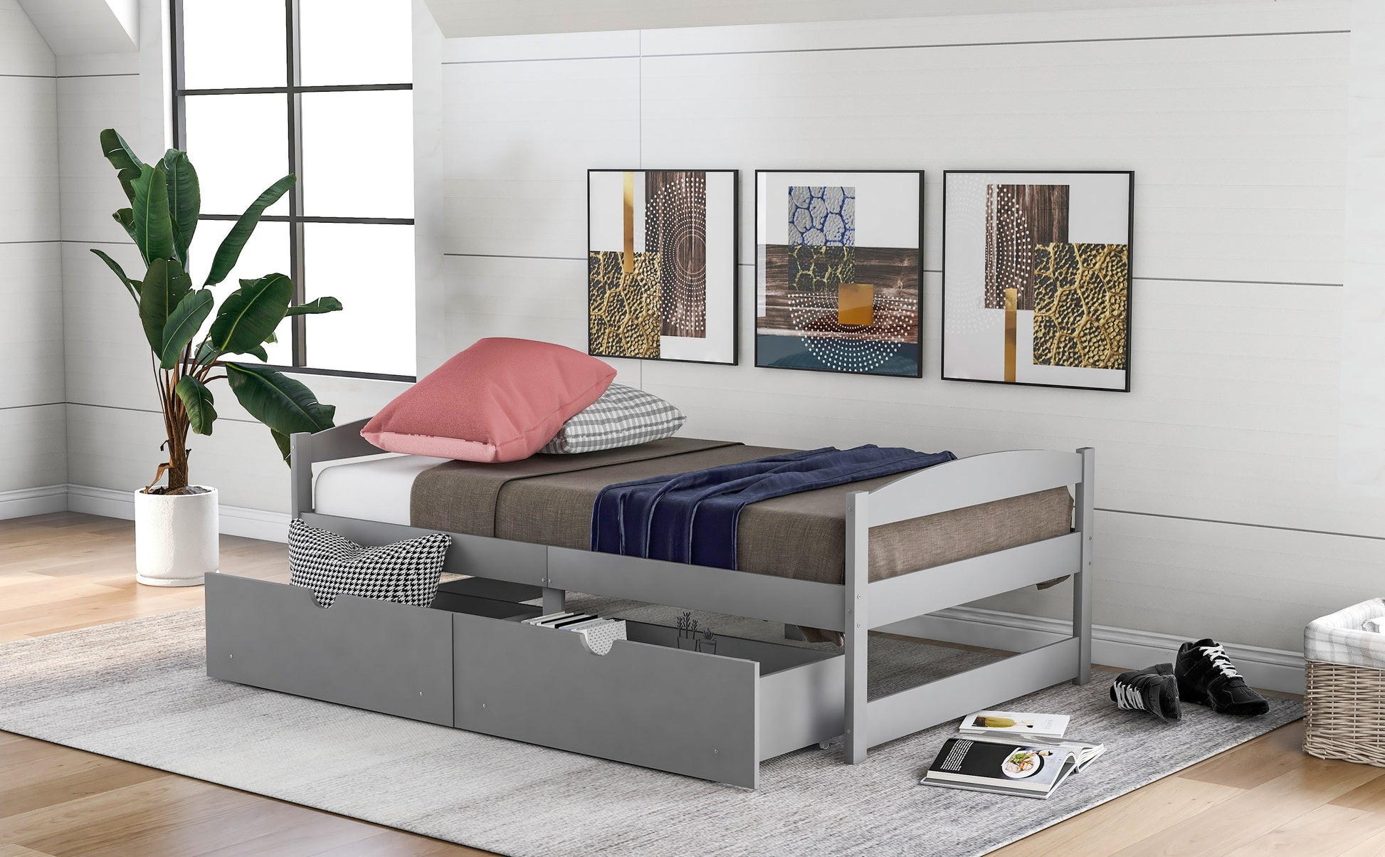 Twin size platform bed, with two drawers, gray - Korvel