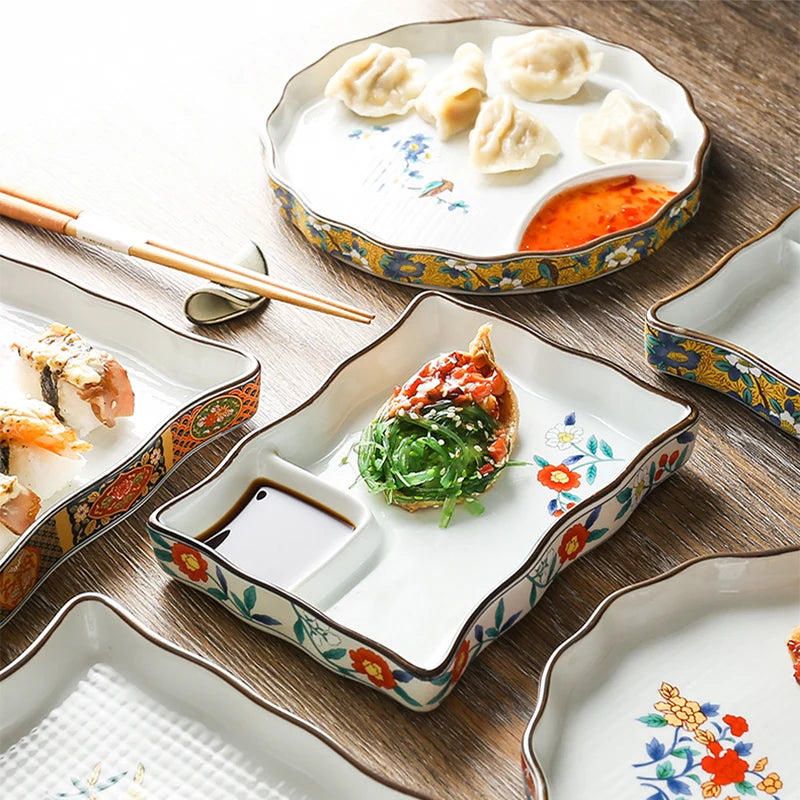 Assiette en céramique pour dumplings et sushi avec partition