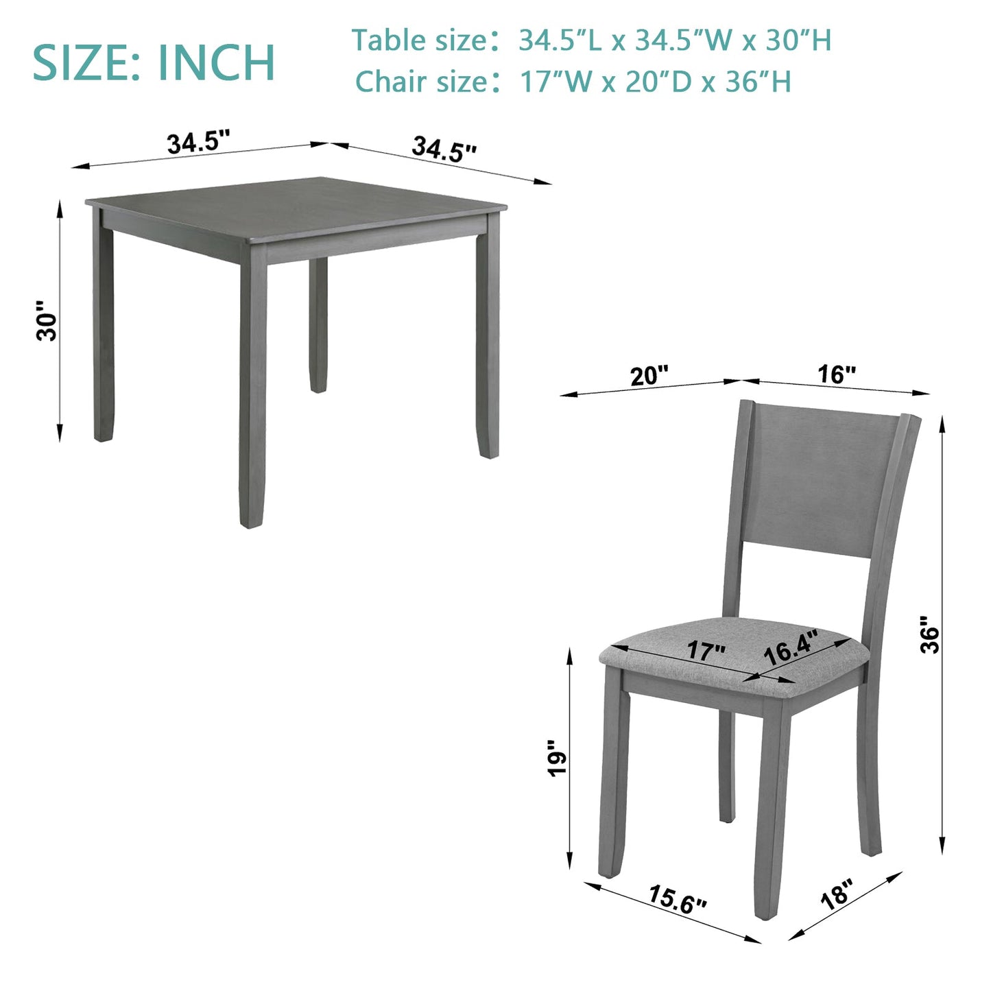 Ensemble de salle à manger moderne 5 pièces avec chaises rembourrées - Gris