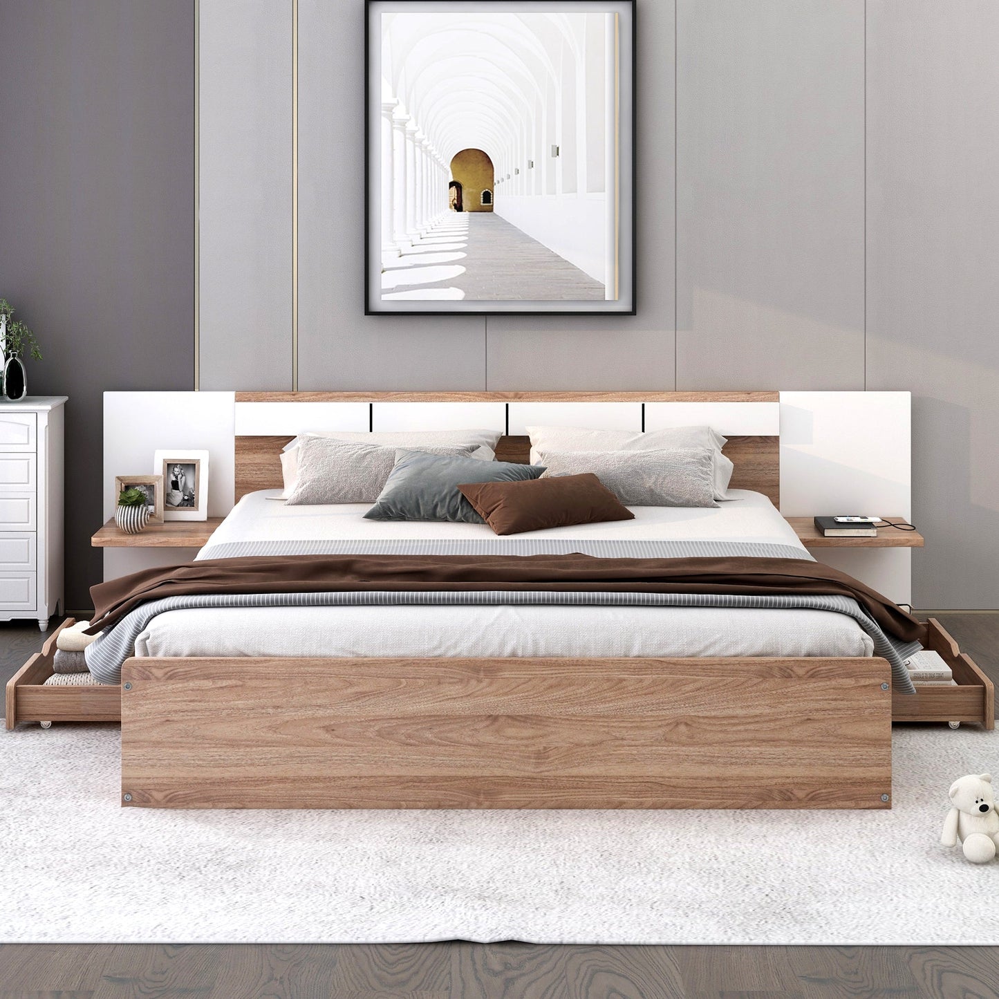 Queen Size Platform Bed with Headboard and Storage, Natural