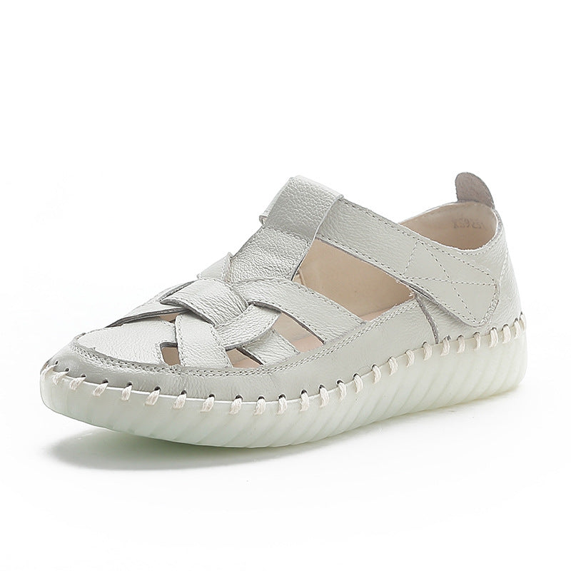 Leather perforated shoes with hollowed out toe caps for women soft soled non slip flat sandals for women - Korvel