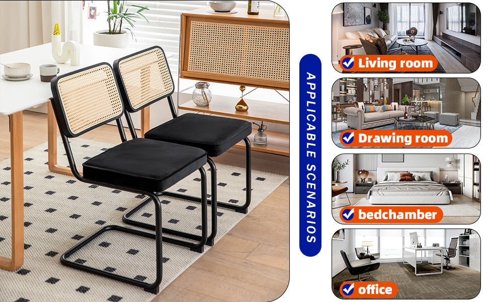 Dining Chairs Set of 2 velvet wicker side decorative chairs, black painted legs, modern medieval Bruell designed chairs, - Korvel