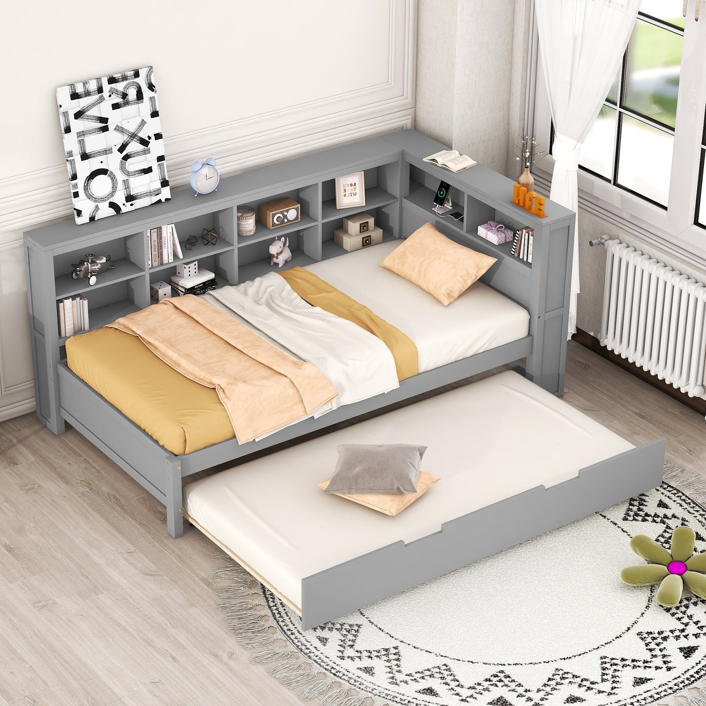 Wooden Twin Size DayBed with Twin Size Trundle, DayBed with Storage Shelf and USB Charging Ports,Grey - Korvel