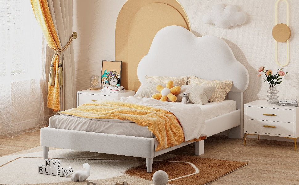 Twin Size Upholstered Cloud-Shape Bed ,Velvet Platform Bed with Headboard,No Box-spring Needed,Beige - Korvel