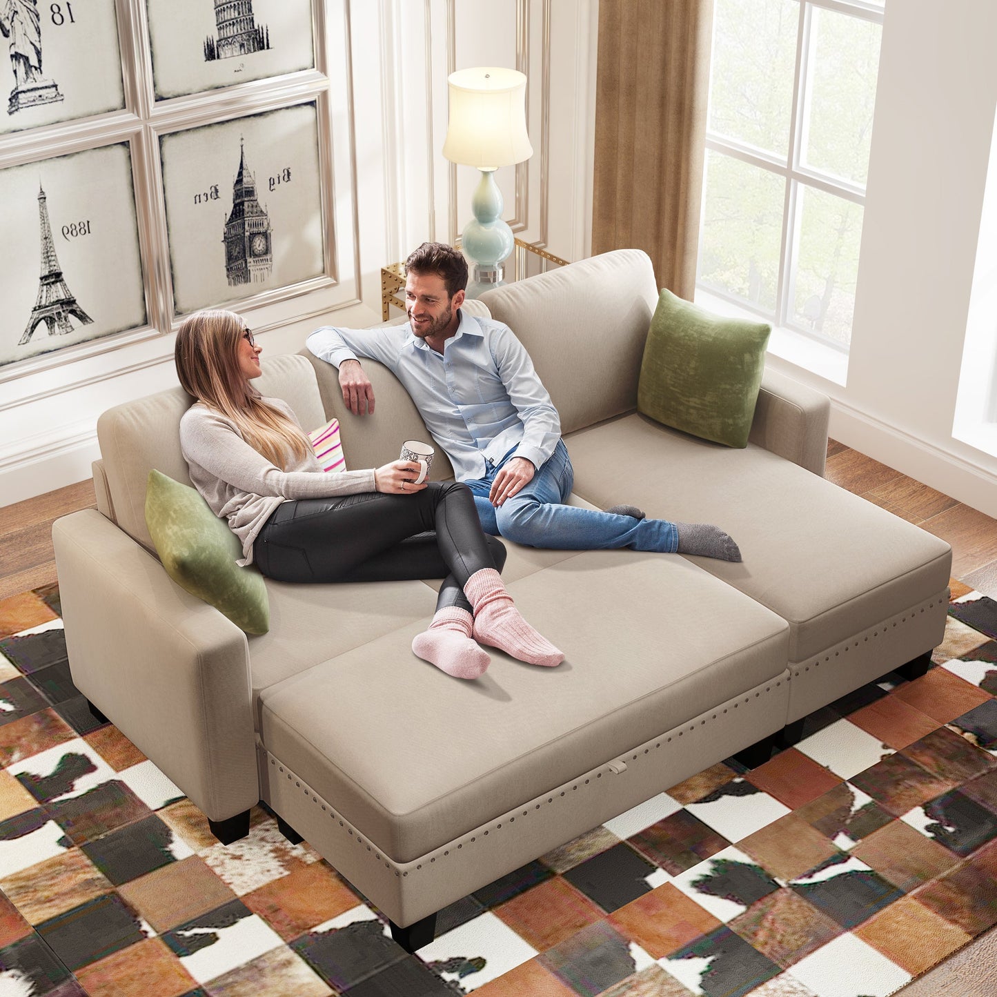 [New]81" Reversible Sectional Couch with Storage Chaise L-Shaped Sofa for Apartment Sectional Set Warm Grey - Korvel