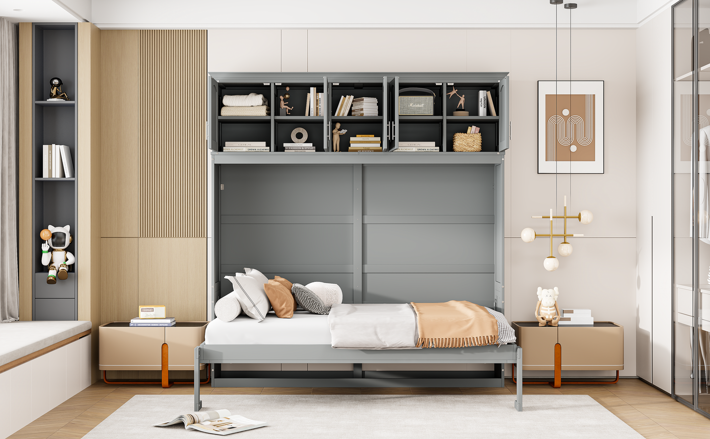 Full Size Murphy Bed Wall Bed with Top Cabinets,Gray - Korvel