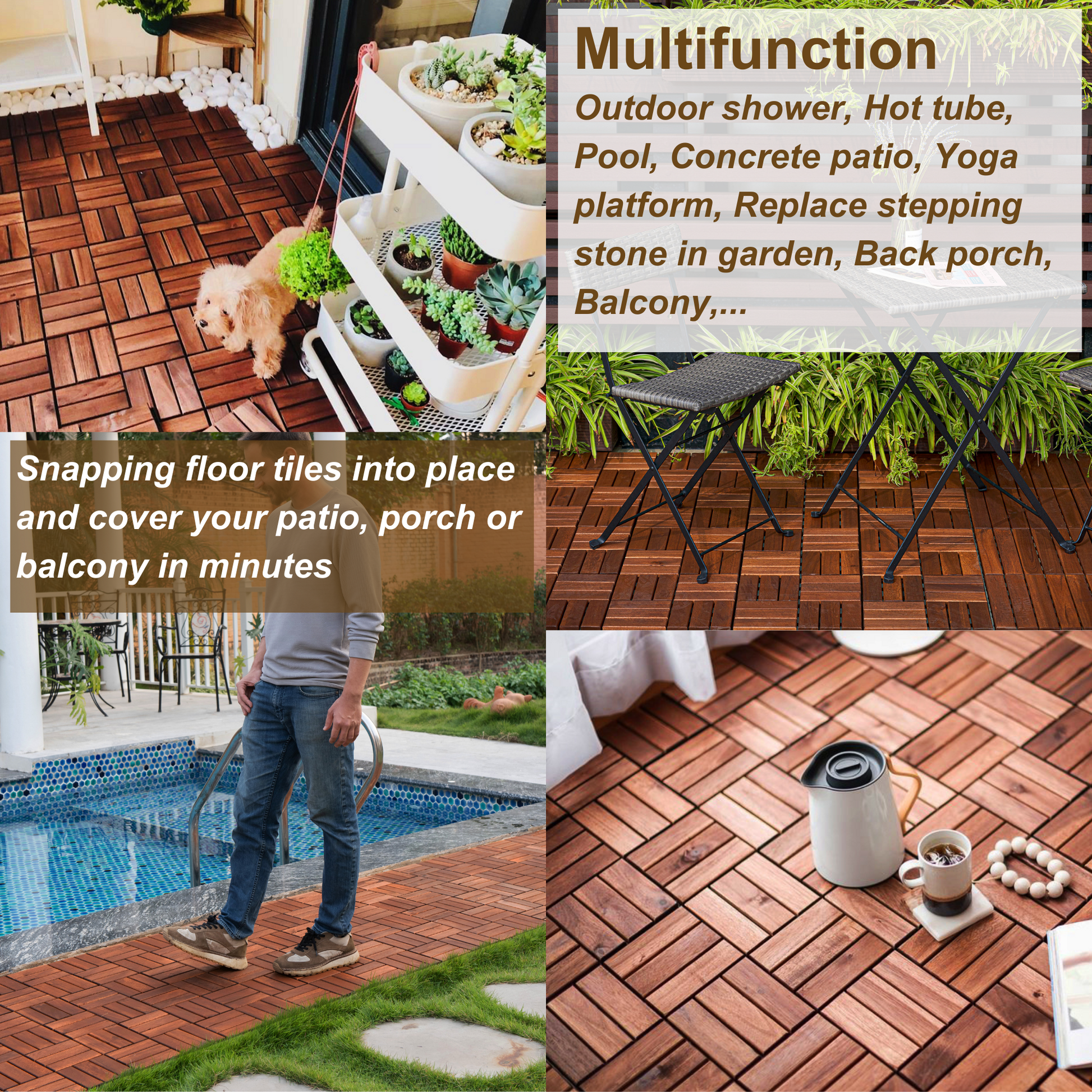 Acacia interlocking deck tile grid pattern, 10 pieces of 12 inch x 12 inch square brown Acacia hardwood outdoor flooring - Korvel