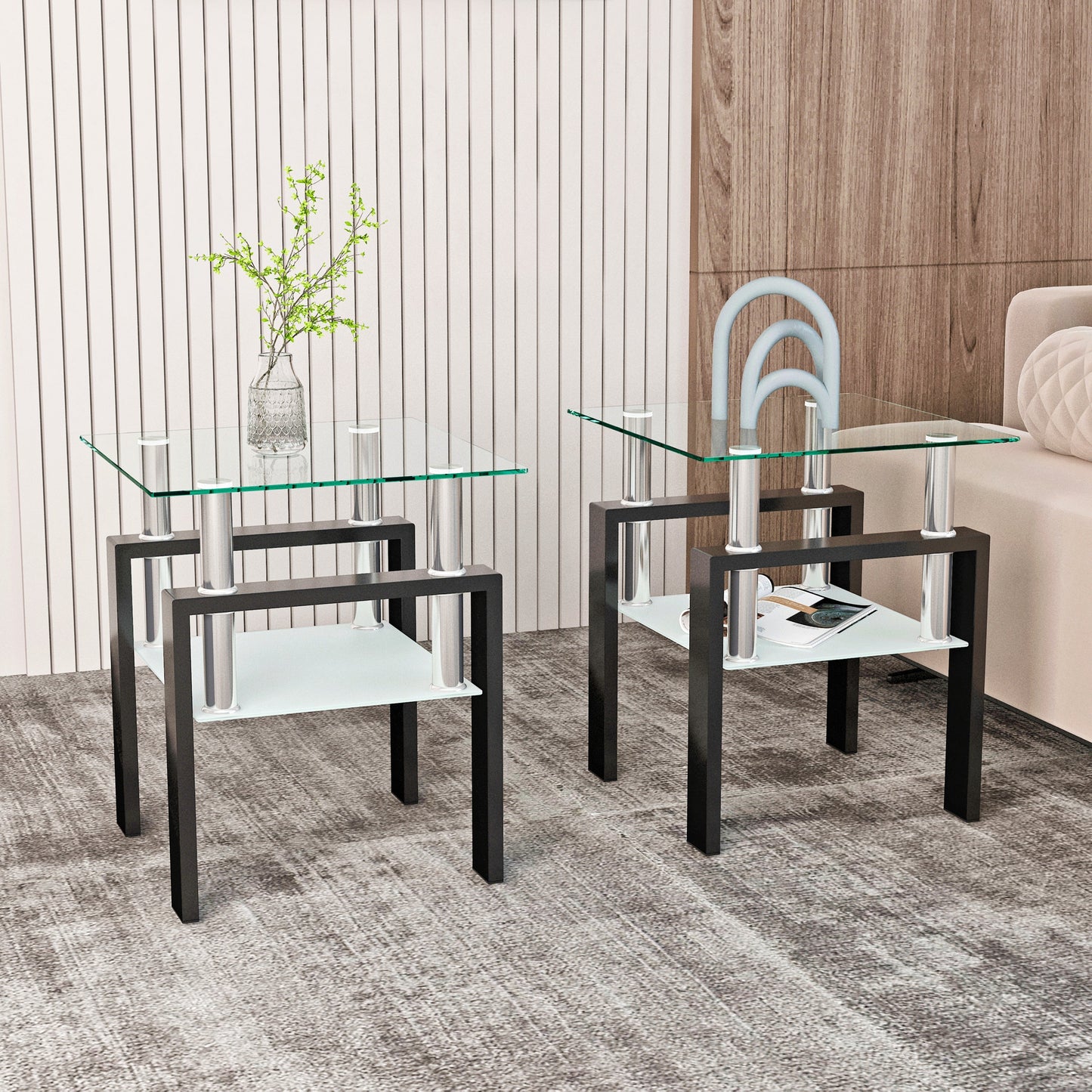 Set of 2, Modern Tempered Glass Tea Table Coffee Table End Table, Square Table for Living Room, Transparent/Black - Korvel