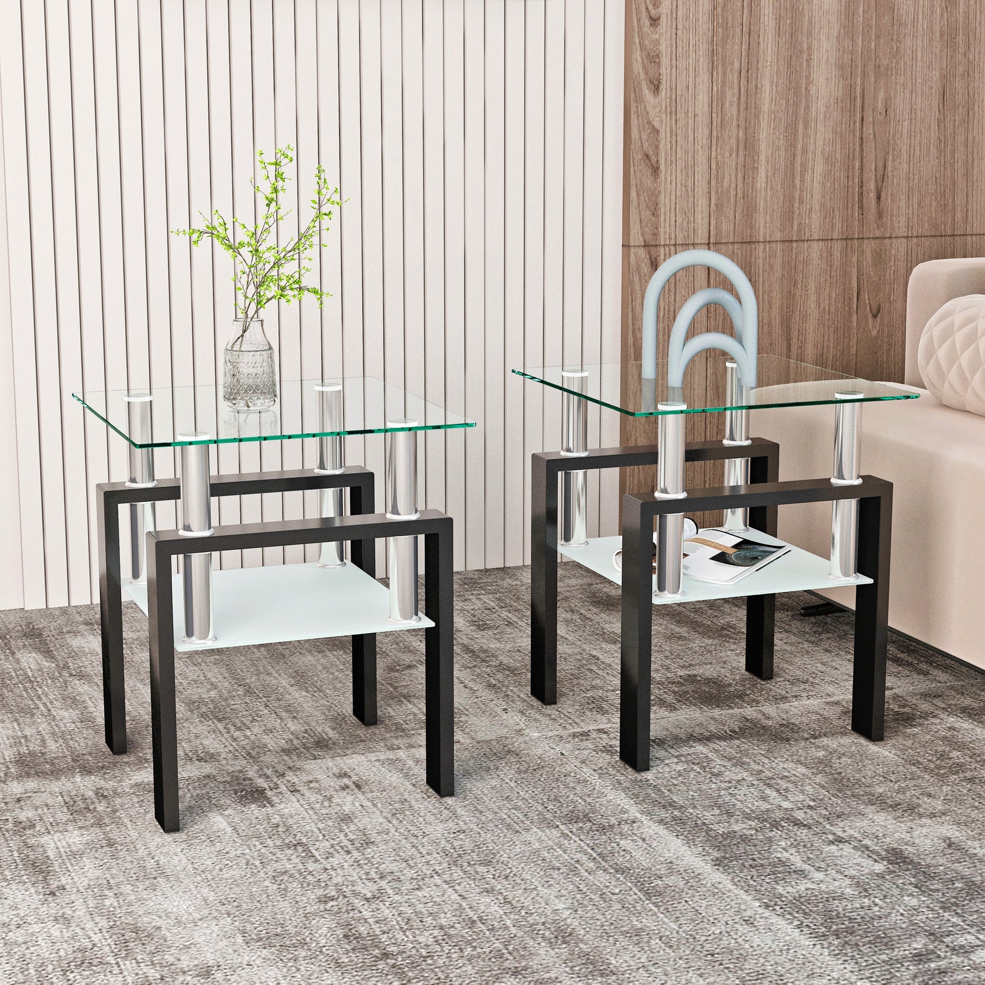 Set of 2, Modern Tempered Glass Tea Table Coffee Table End Table, Square Table for Living Room, Transparent/Black - Korvel