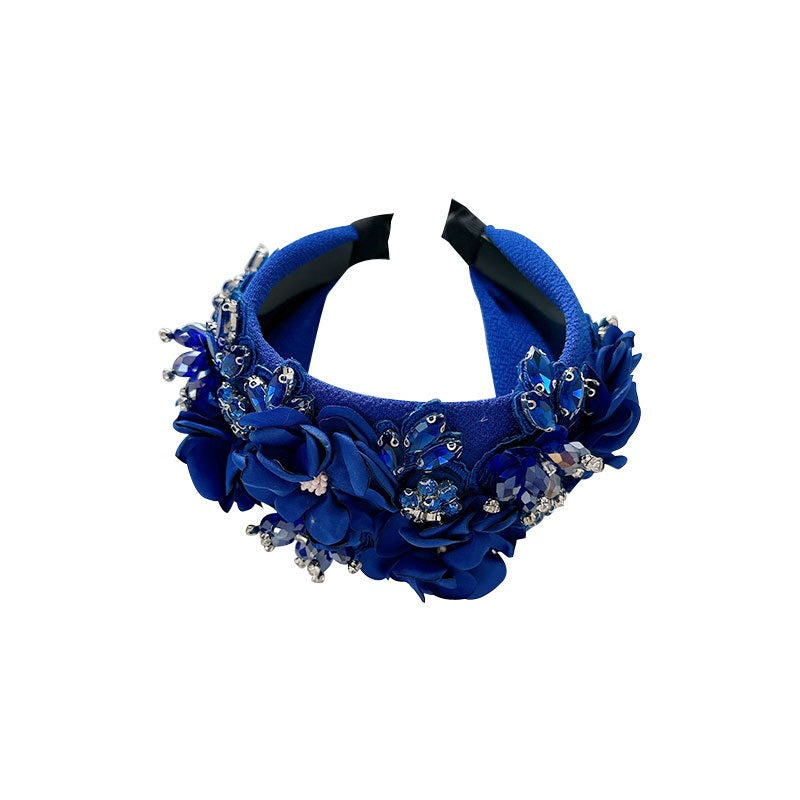Solid color fabric flower oversized wide edged crystal headband - Korvel