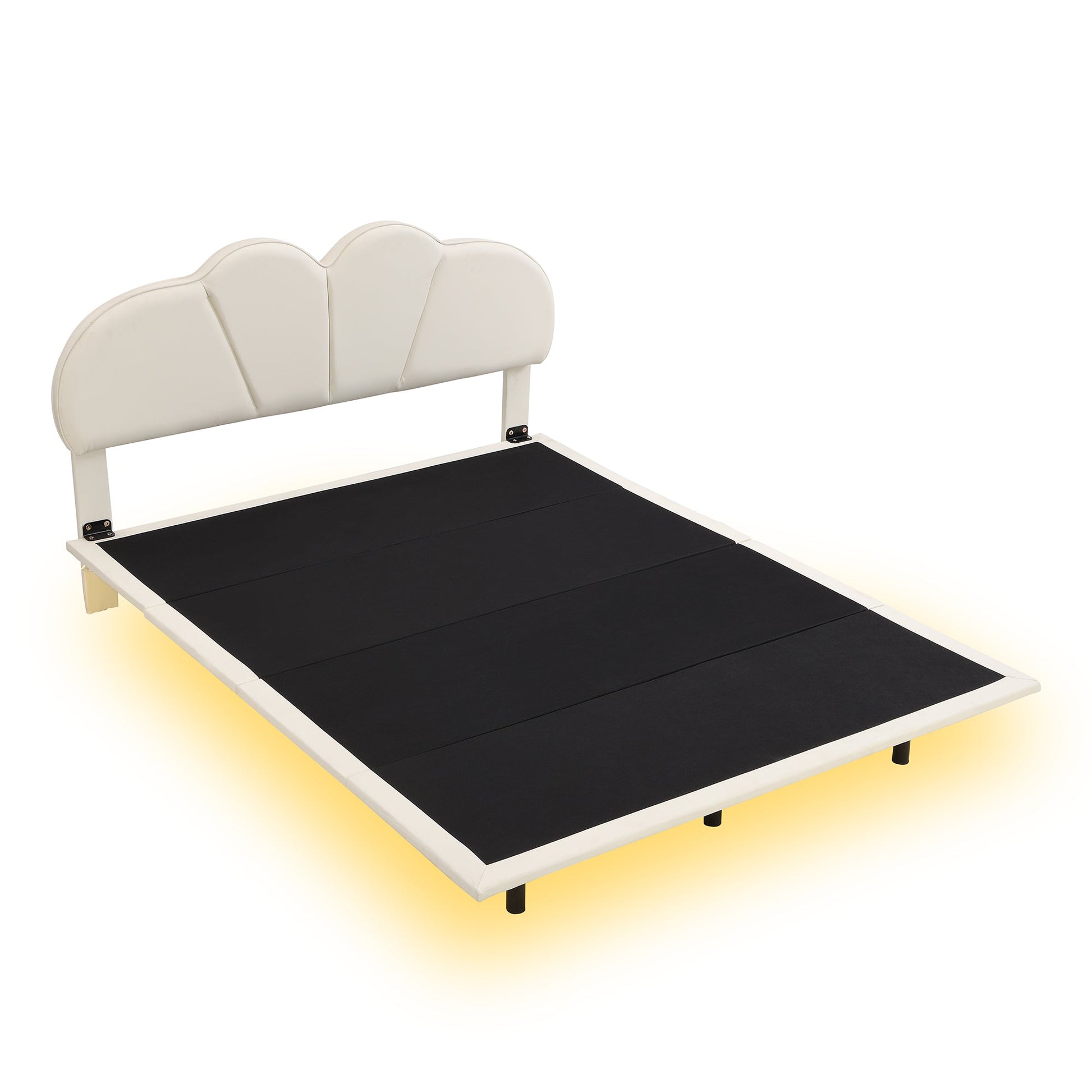 Queen Size Upholstery LED Floating Bed with PU Leather Headboard and Support Legs,Beige - Korvel