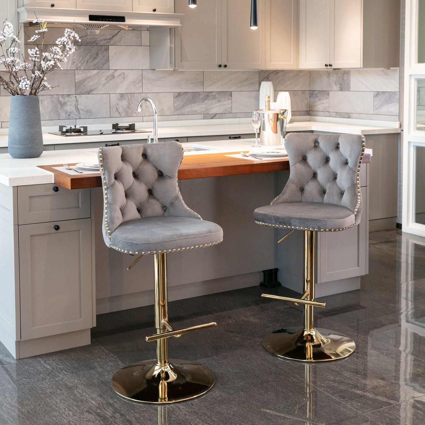 Adjusatble Seat Height from 25-33 Inch, Modern Upholstered Bar Stools with Backs Comfortable Tufted for Home Pub and Kitchen Is - Korvel