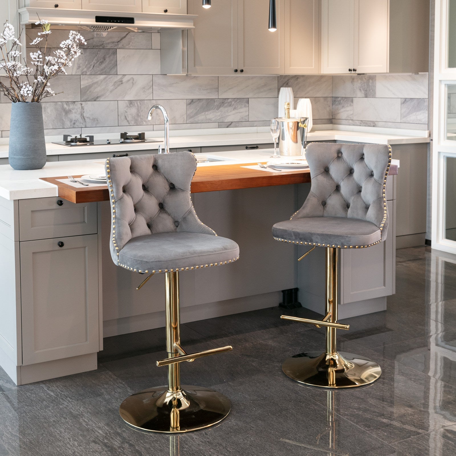 Adjusatble Seat Height from 25-33 Inch, Modern Upholstered Bar Stools with Backs Comfortable Tufted for Home Pub and Kitchen Is - Korvel
