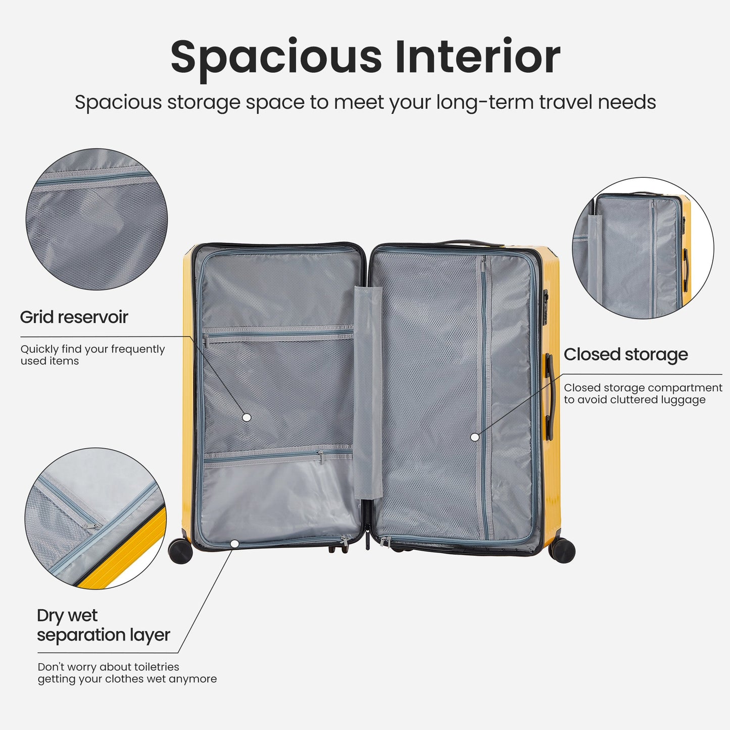 Luggage Set 4 pcs (20"/24"/29"/Travel Bag), PC+ABS Durable Lightweight Luggage with Collapsible Cup Holder TSA Lock, Yellow - Korvel