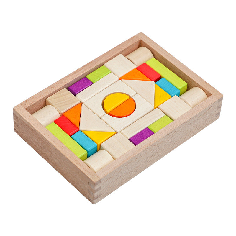 Wooden box packed building blocks, shape recognition, creativity, assembly thinking, exercise, color recognition, early education, interactive wooden toys - Korvel