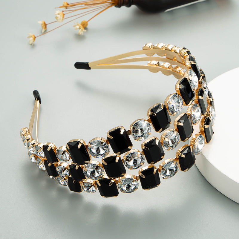 Elegant Three-Row Black and White Glass Drill Headband