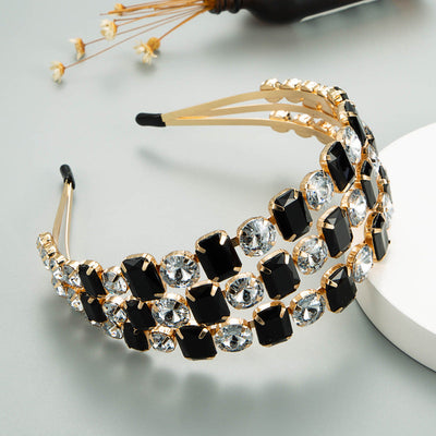 Elegant Three-Row Black and White Glass Drill Headband