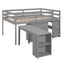 Low Study Full Loft Bed with Cabinet Shelves and Rolling Portable Desk Multiple Functions Bed- Gray - Korvel