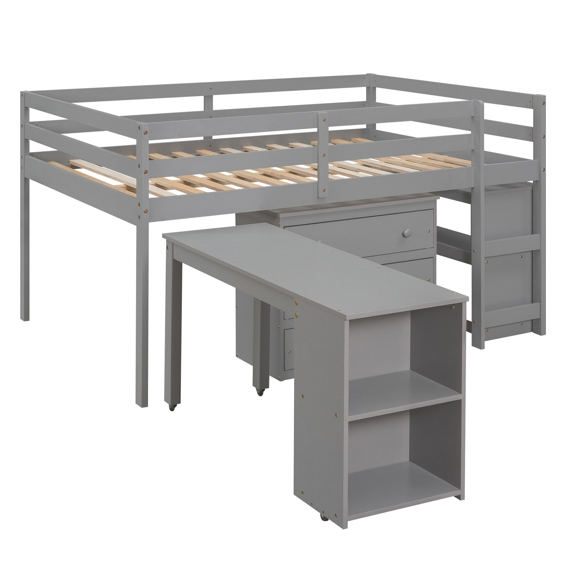 Low Study Full Loft Bed with Cabinet Shelves and Rolling Portable Desk Multiple Functions Bed- Gray - Korvel