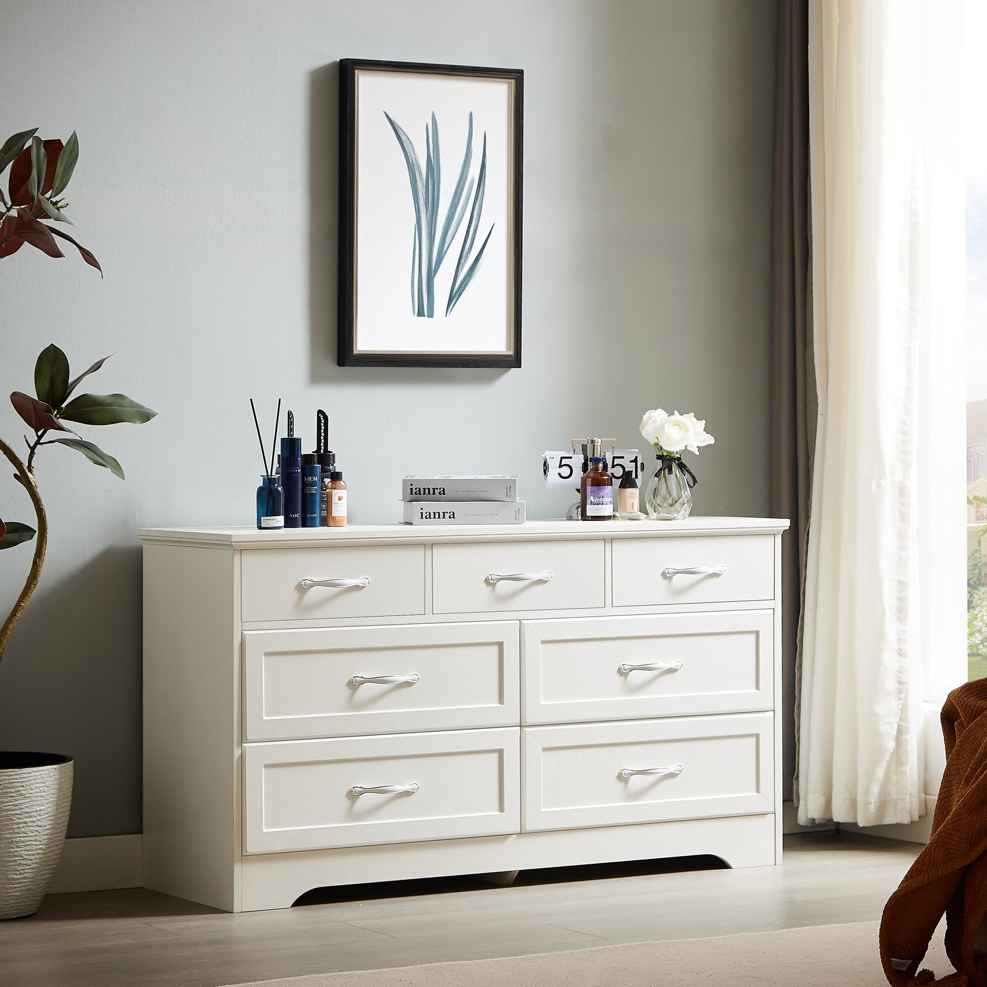 Modern 3 Drawer Bedroom Chest of Drawers with 7 Drawers Dresser Clothes Organizer -Metal Pulls White, 47.6″L x 15.7″W x 26.6″H - Korvel
