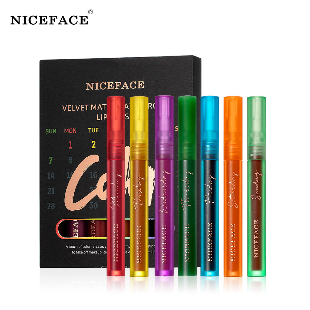 Niceface Weekly Lip Gloss 7 Sticks Lip Gloss Velvet Matte Lip Gloss Set Matte Non-Stick Cup Waterproof Makeup - Korvel