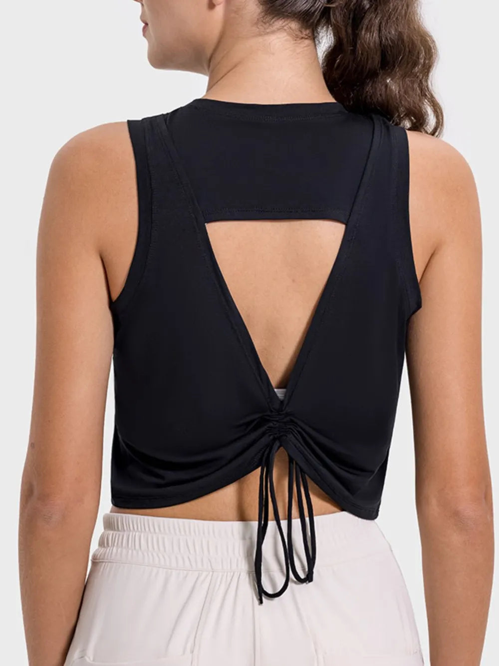 Drawstring Cutout Round Neck Active Tank - Korvel
