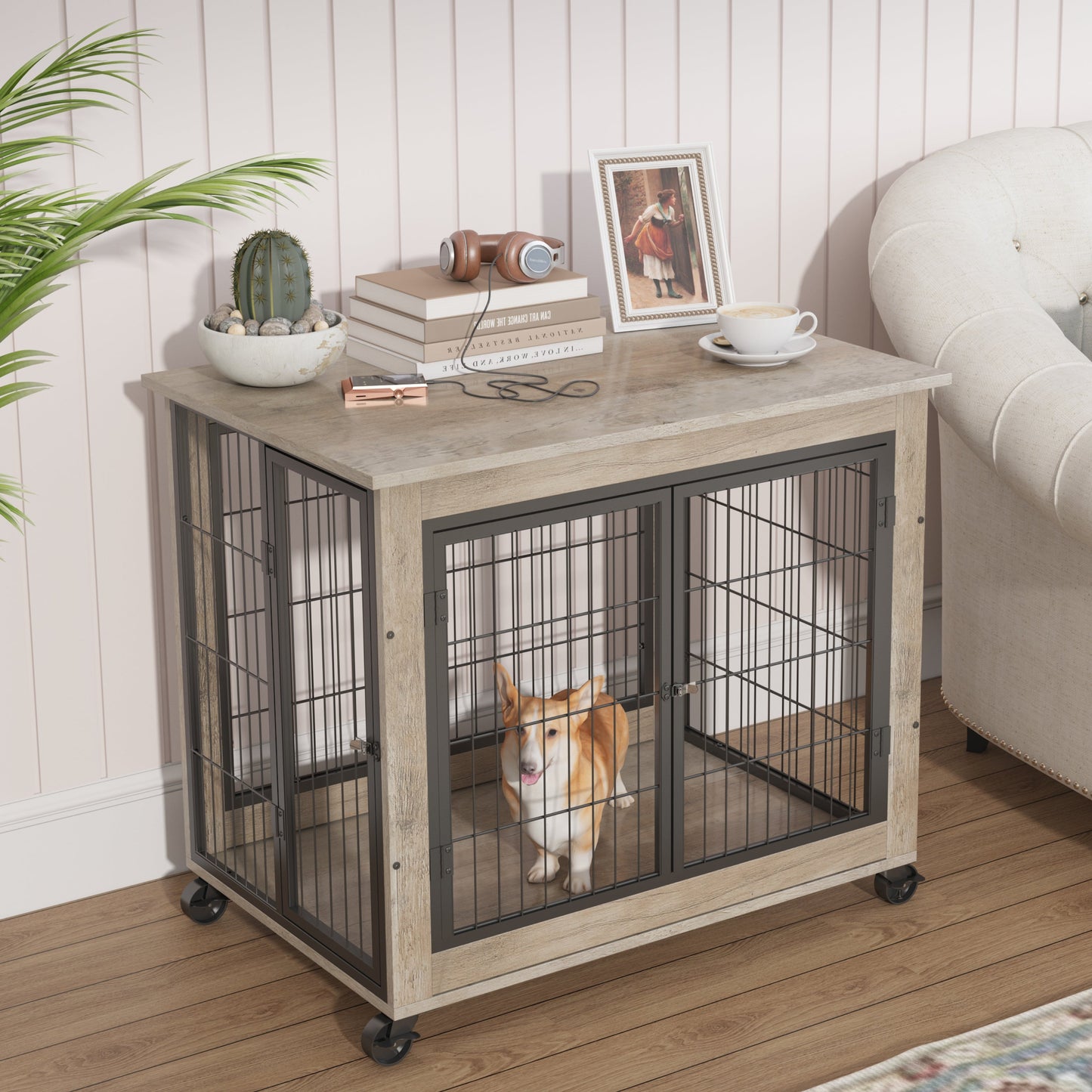 Elegant Grey Furniture Dog Cage Crate with Double Doors