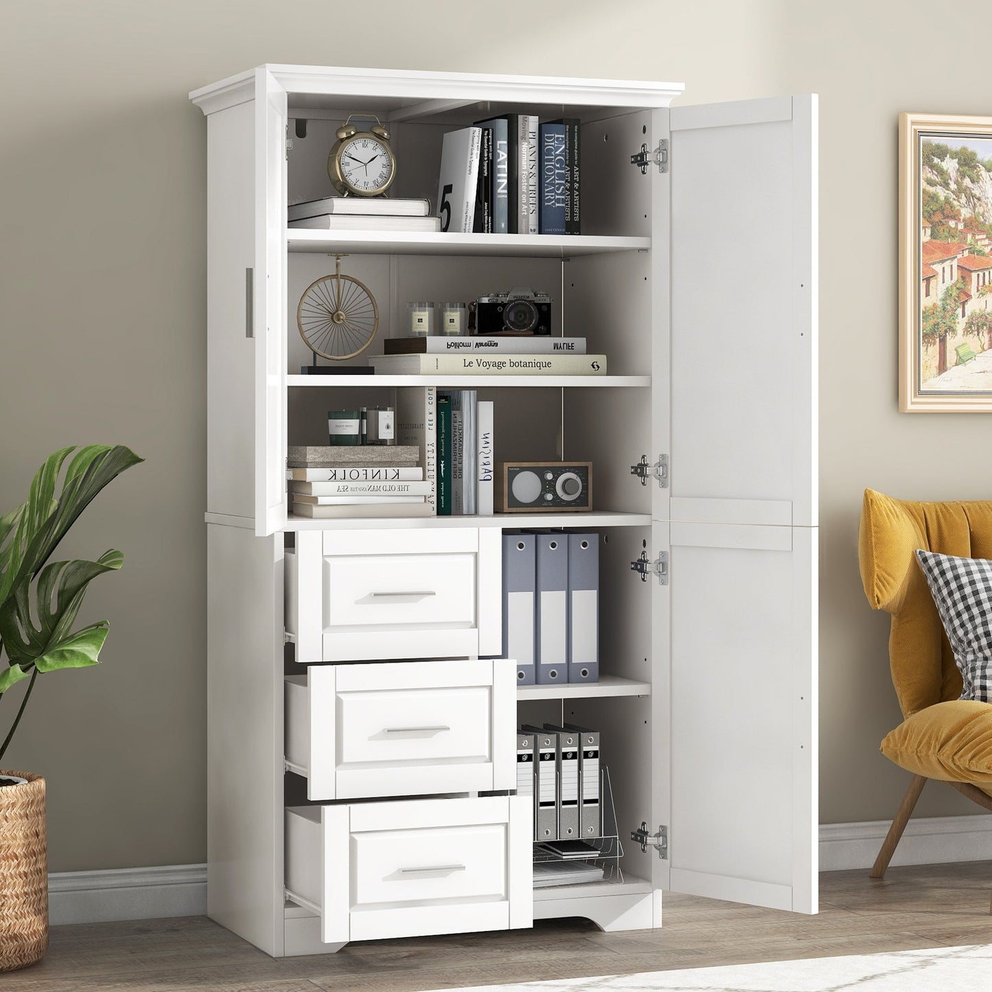 Tall and Wide Storage Cabinet with Doors for Bathroom/Office, Three Drawers, White - Korvel