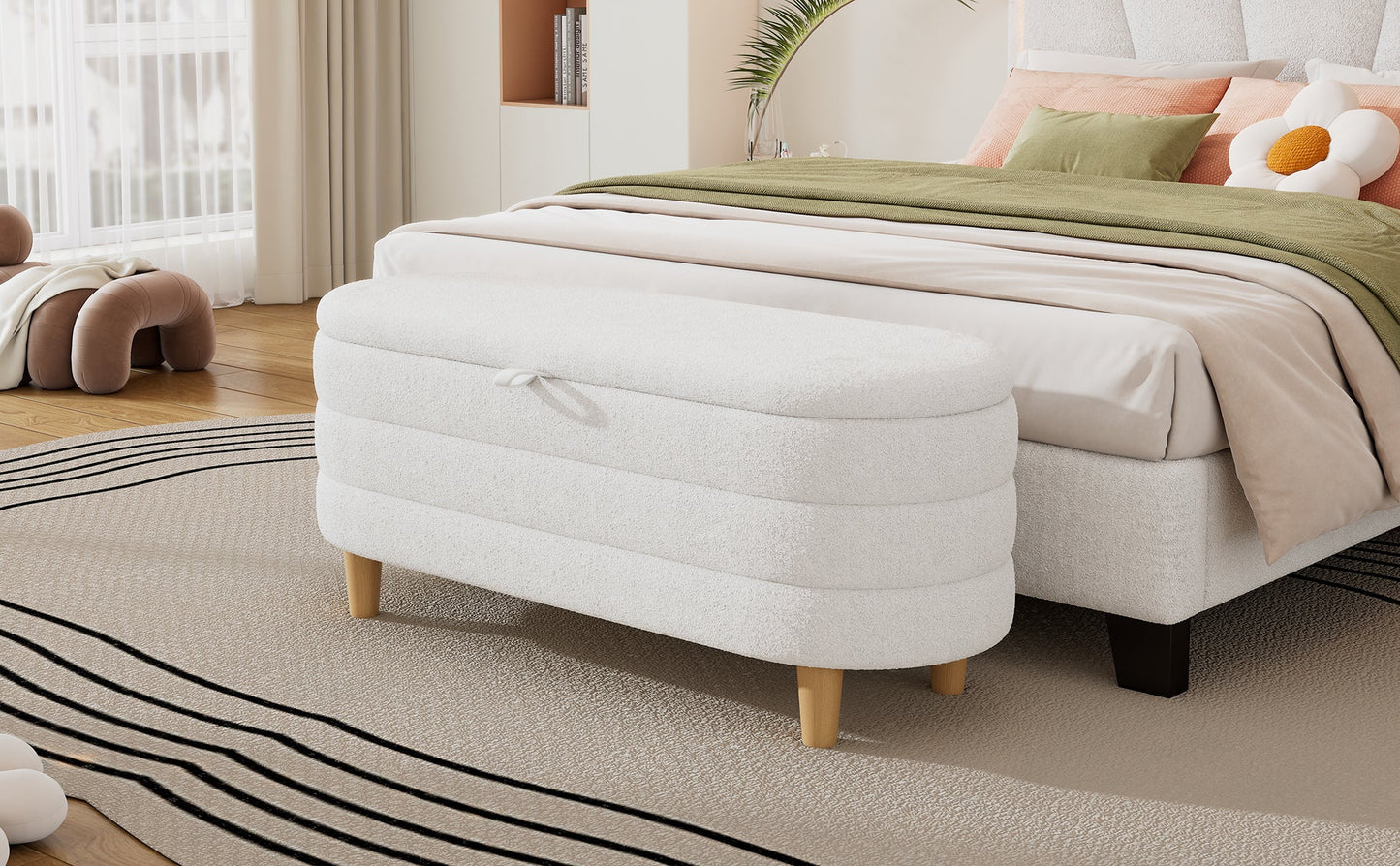 Ottoman de rangement en tissu sherpa élégant avec pieds en bois