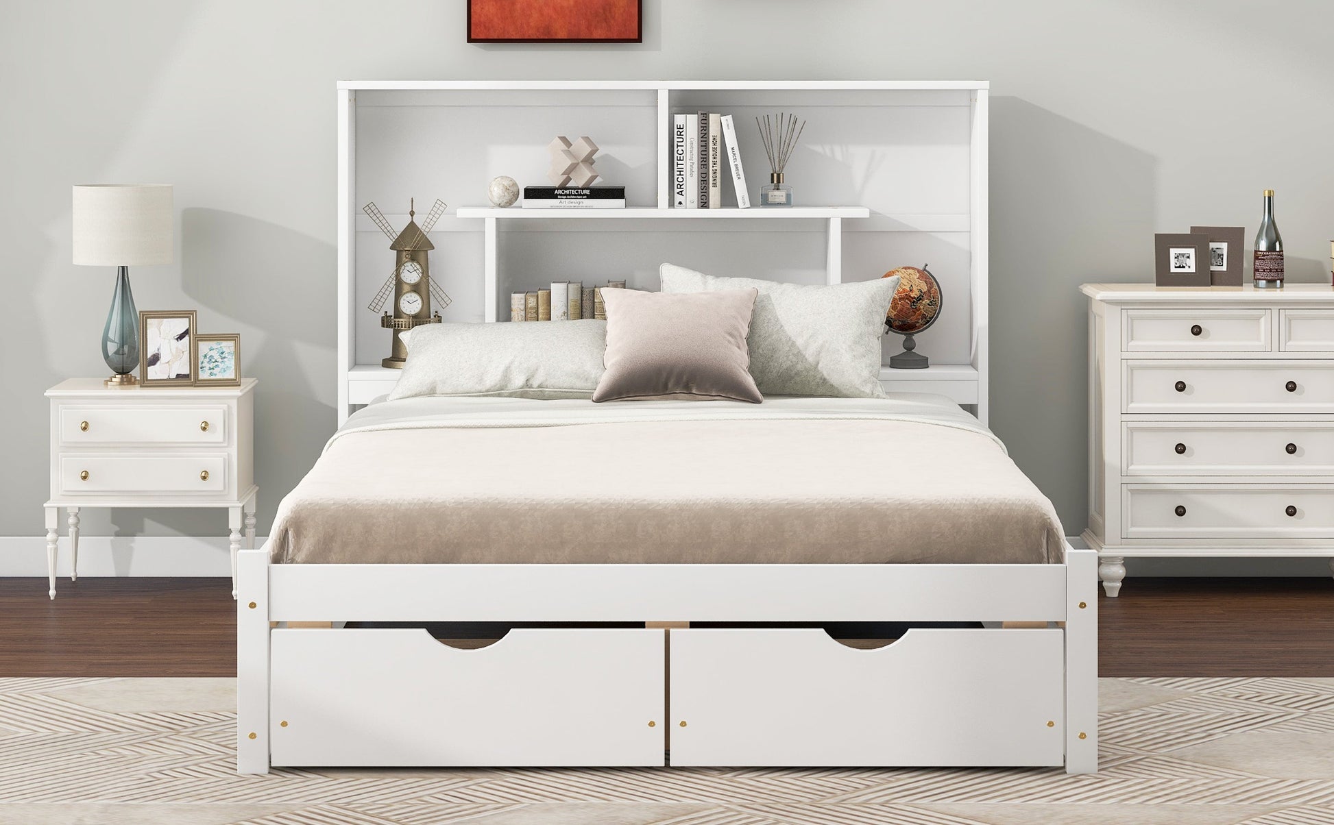 Full Size Platform Bed with Storage Headboard and 2 Drawers, White - Korvel