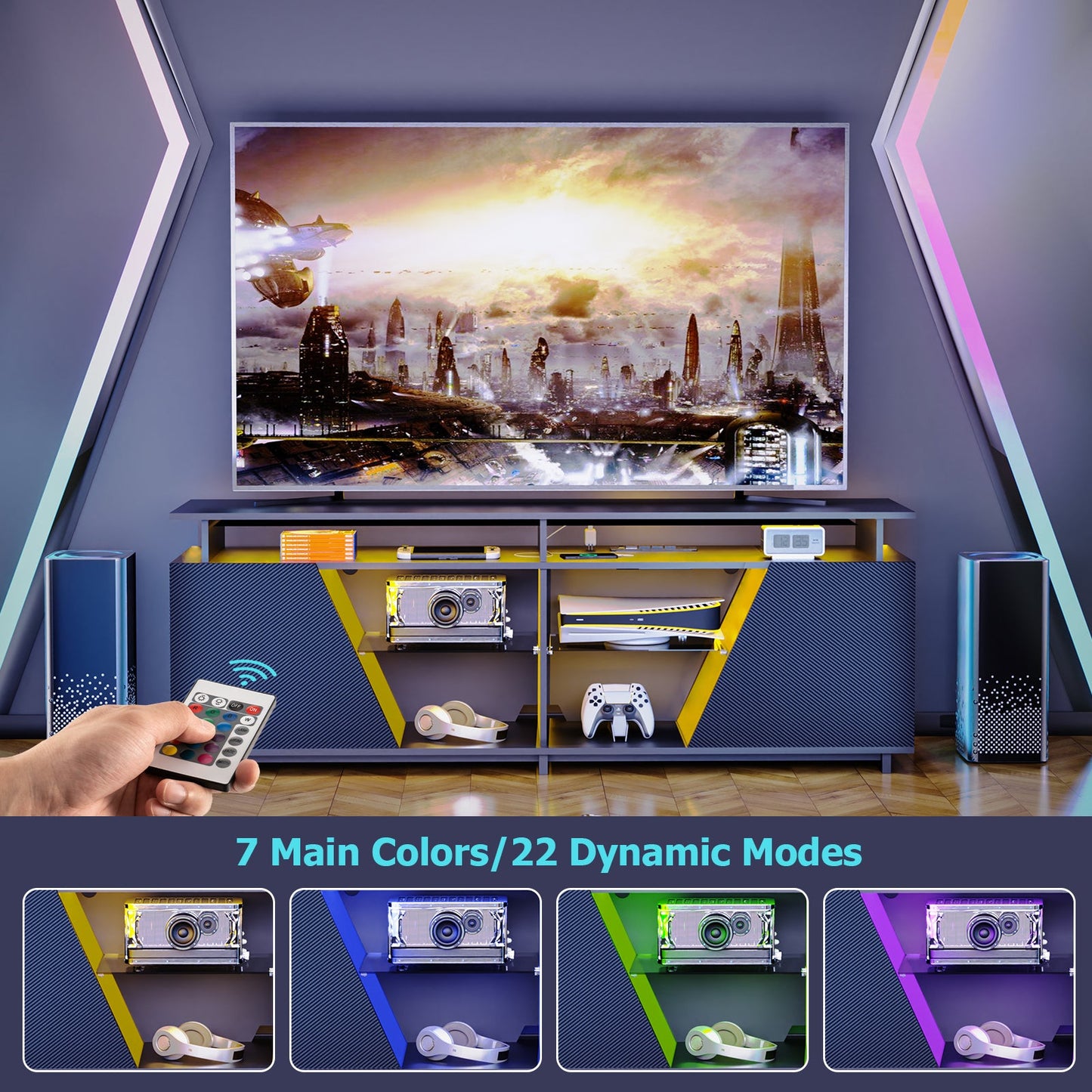 Gaming TV Stand for PS5 with Power Outlet,for TVs 75 inch and Below,LED Entertainment Center,Suitable for Living Room,Bedroom - Korvel