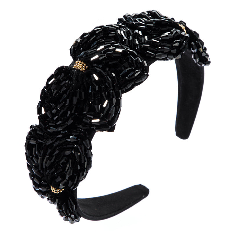 High Quality Hair Hoop Ladies Hand-String Crystal Flower Shape Super Flash Wide-Brimmed Head Hoop Fashion Trendy Hair Press - Korvel