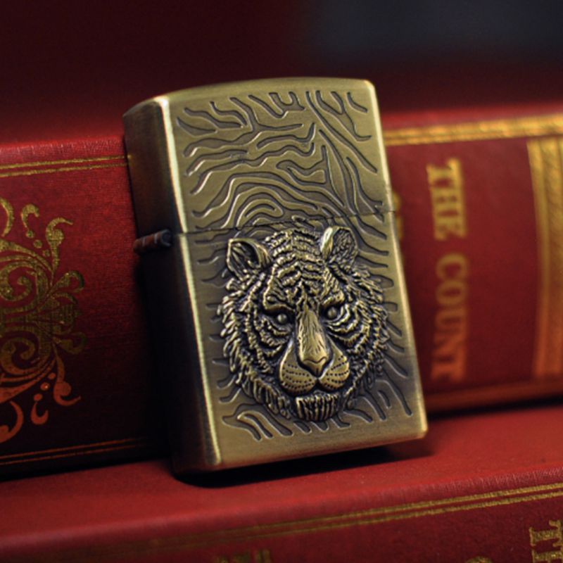 Retro Windproof Kerosene Lighter with Bronze Relief Design