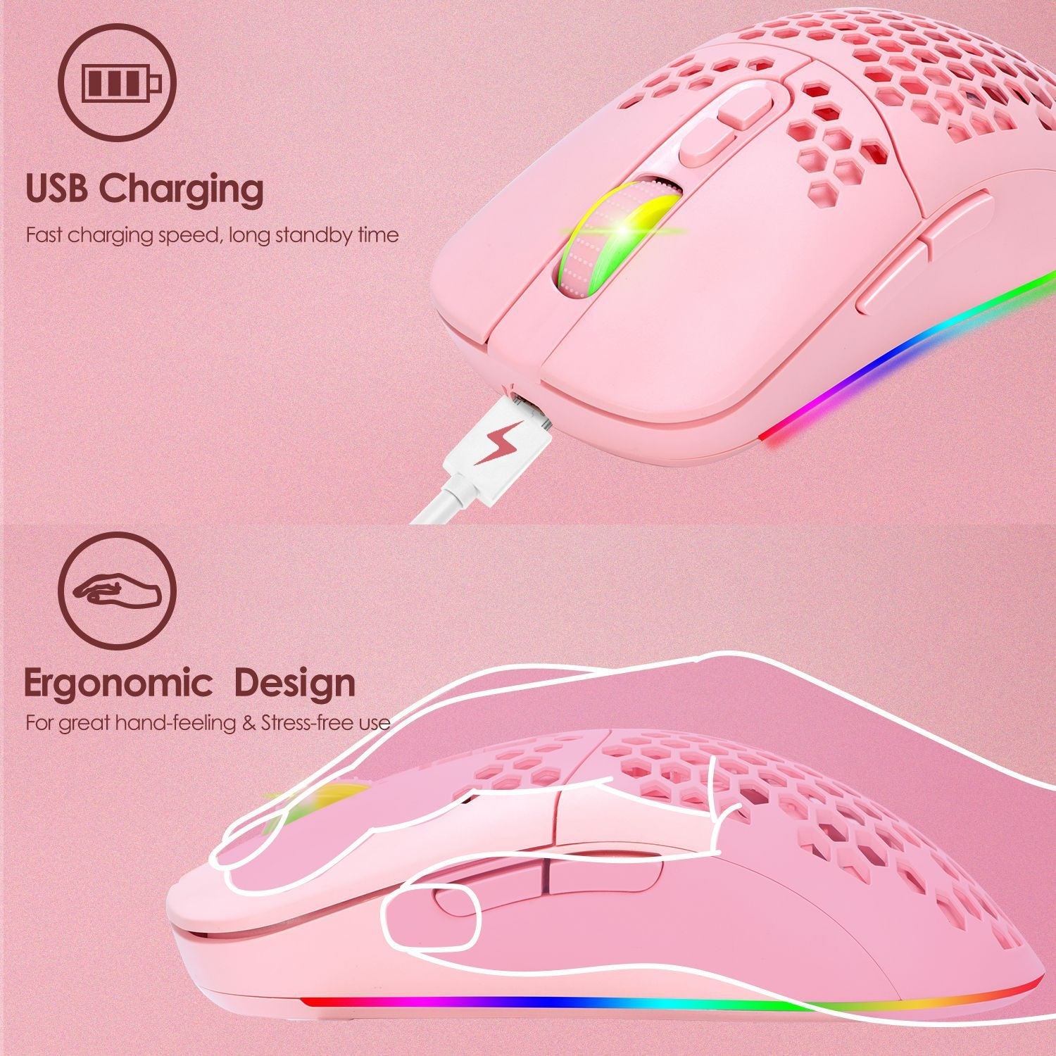 Charging hole the third mock examination Bluetooth wireless mouse lightweight mute cellular RGB light-emitting pink mouse - Korvel