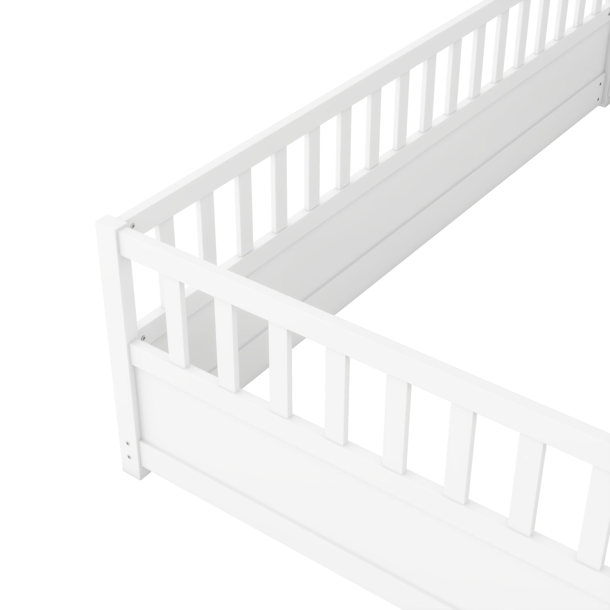 Double bed floor standing bed with ultra-high safety barrier, children's floor standing bed frame, Montessori wooden white - Korvel