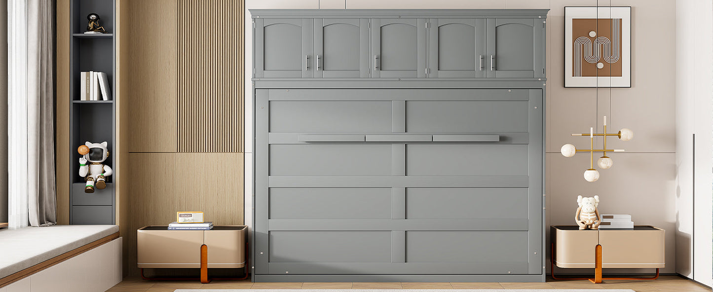 Full Size Murphy Bed Wall Bed with Top Cabinets,Gray - Korvel