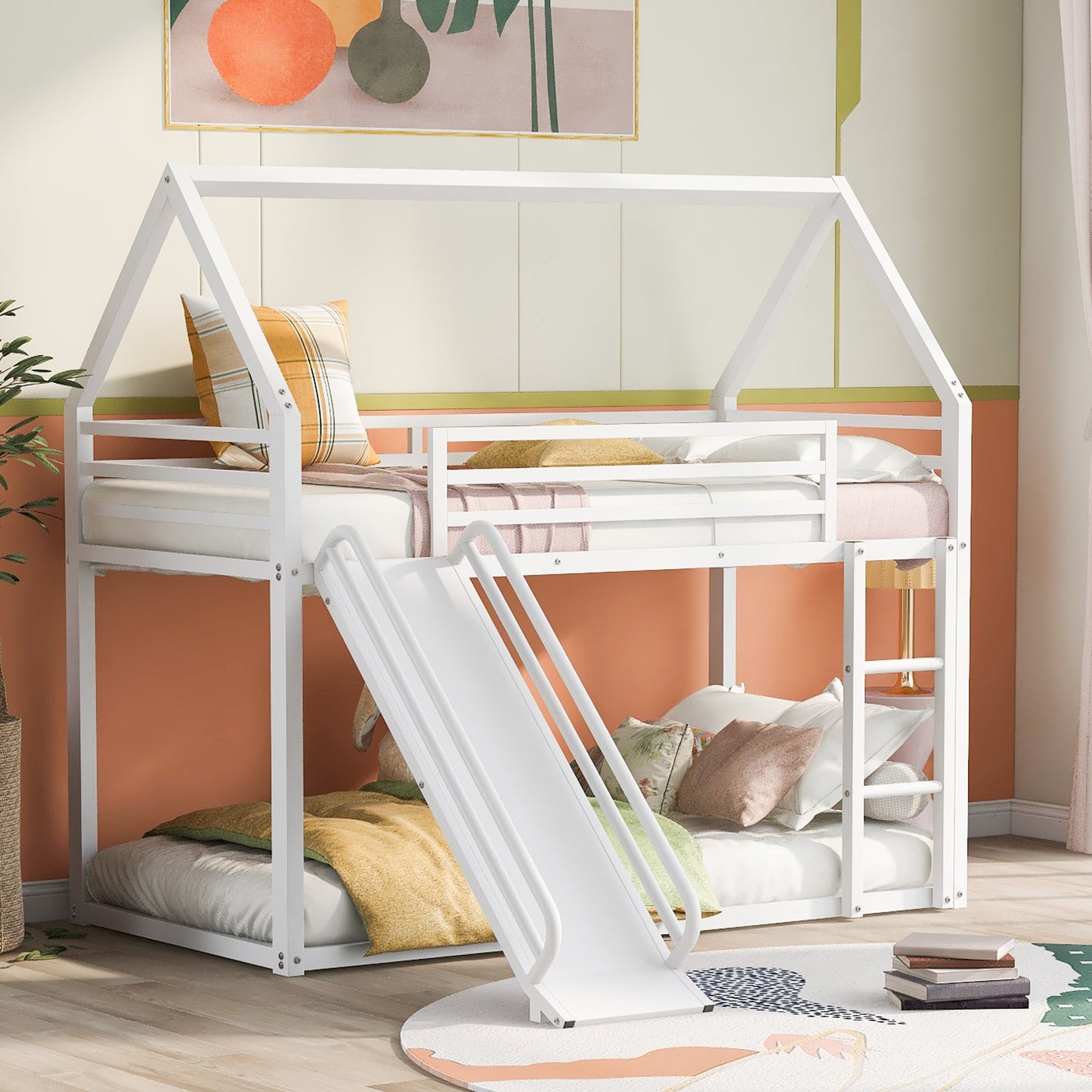 Twin over Twin House Bunk Bed with Ladder and Slide,White - Korvel