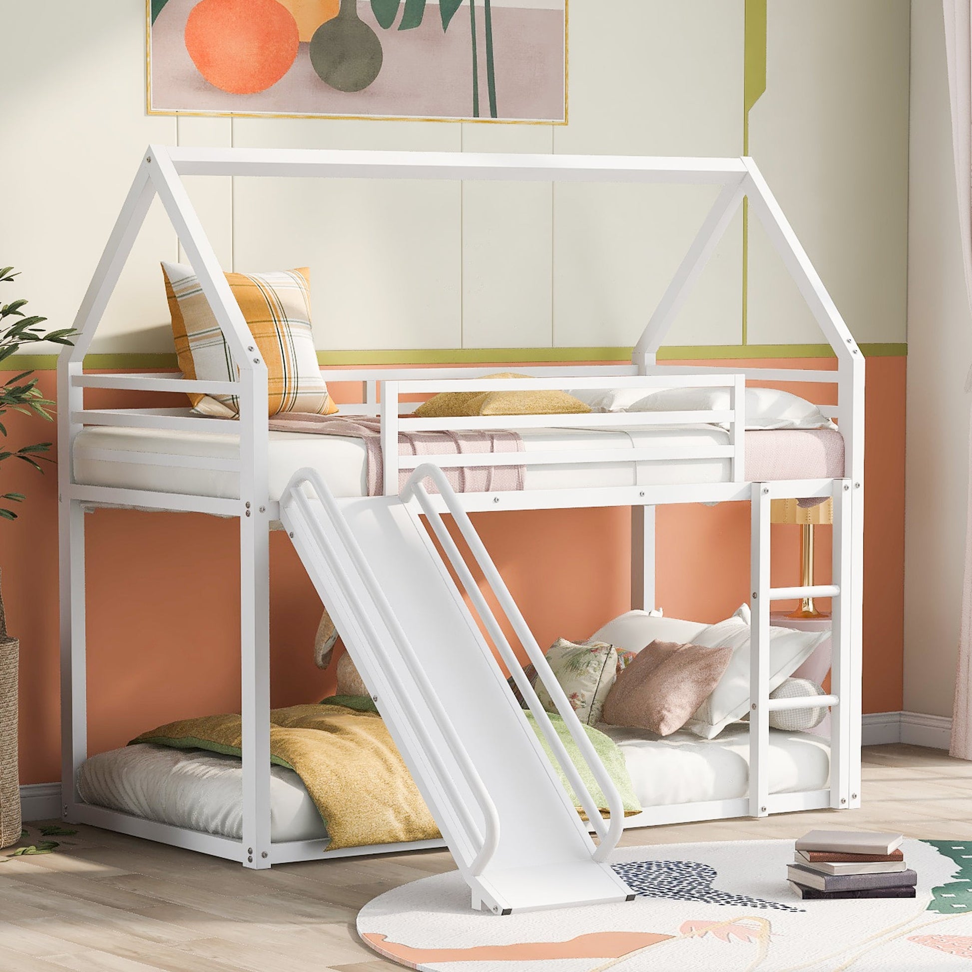 Twin over Twin House Bunk Bed with Ladder and Slide,White - Korvel