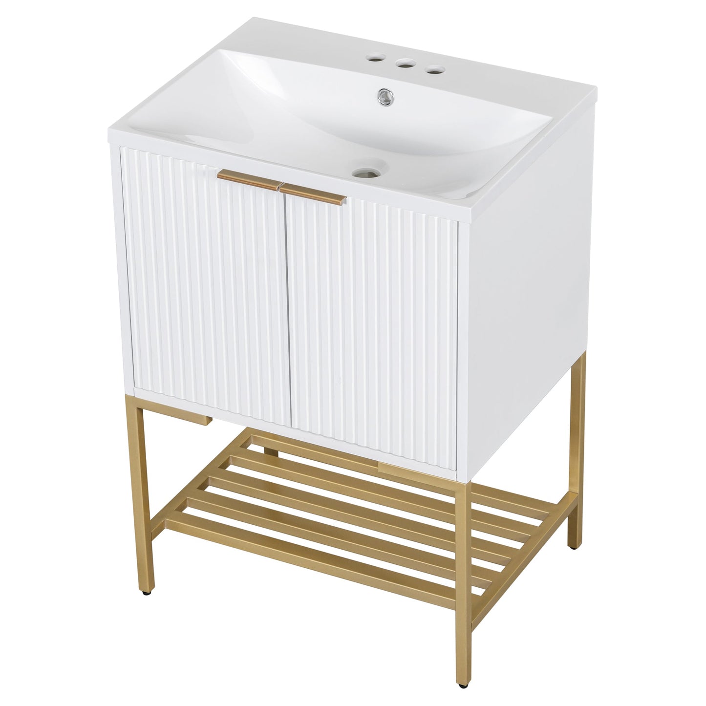 24" Bathroom Vanity with Sink, Bathroom Vanity Cabinet with Two Doors and Gold Metal Frame, Open Storage Shelf, White - Korvel