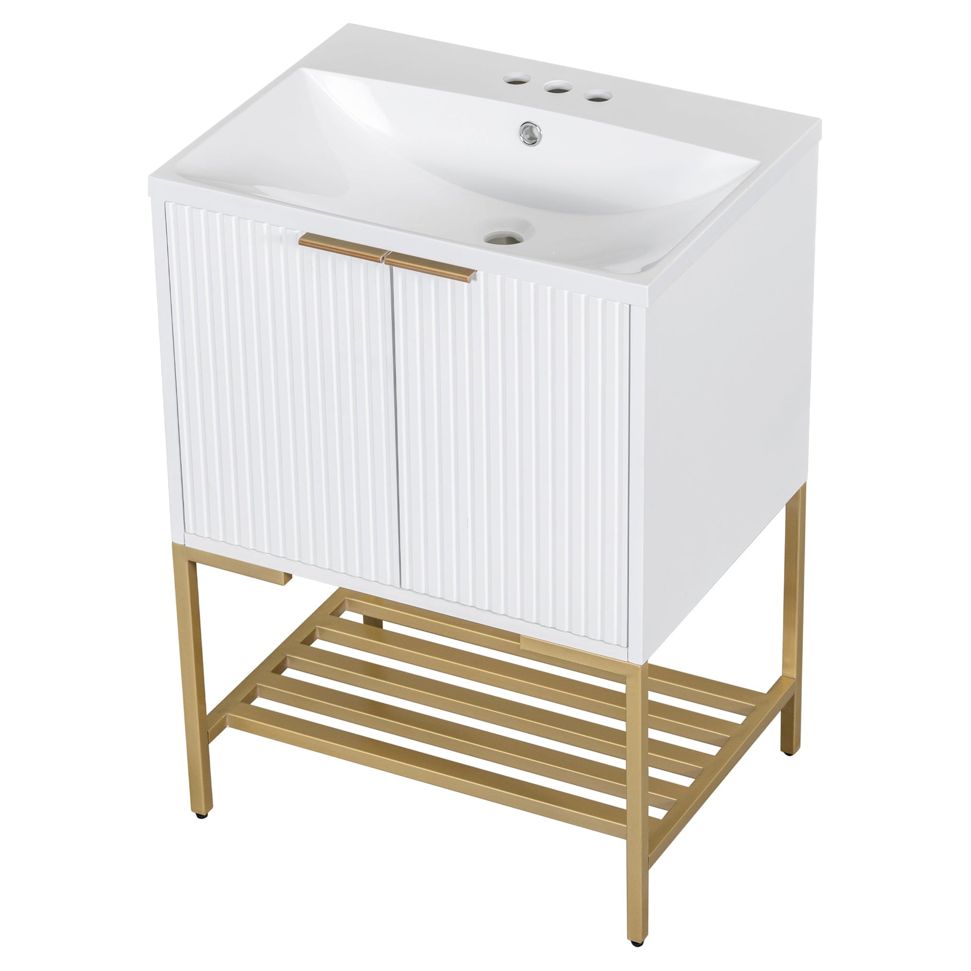 24" Bathroom Vanity with Sink, Bathroom Vanity Cabinet with Two Doors and Gold Metal Frame, Open Storage Shelf, White - Korvel