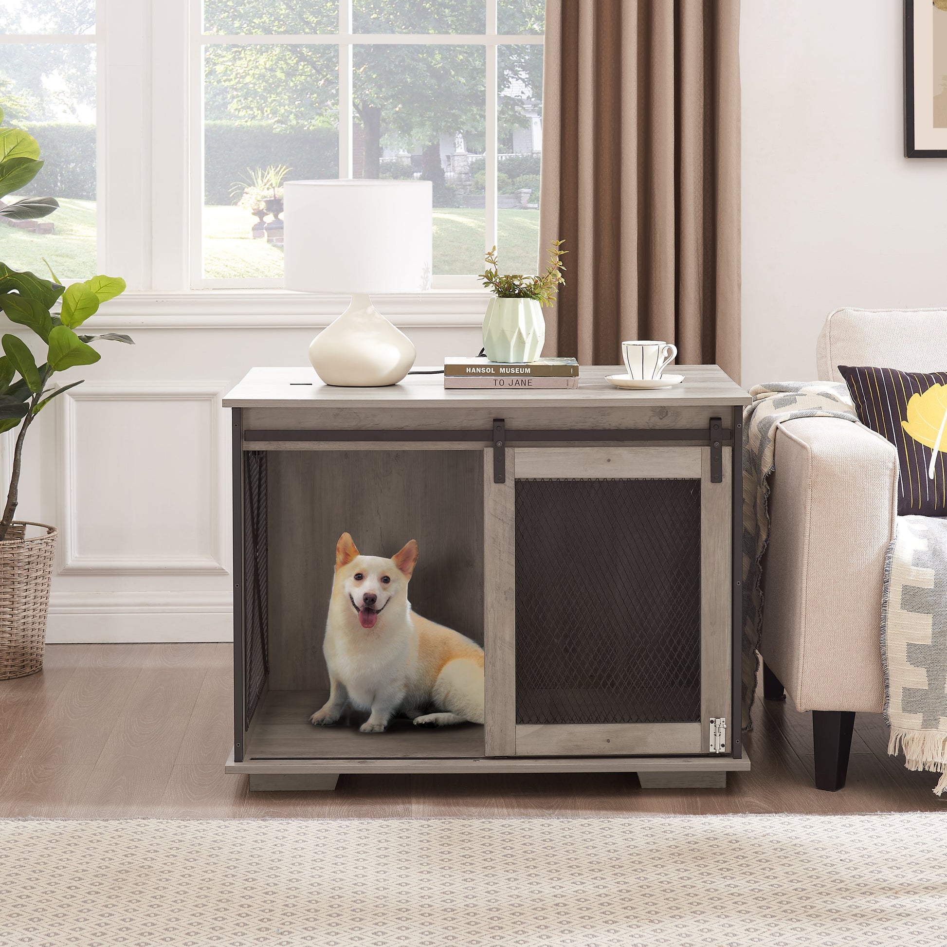 Farmhouse Dog Cage Crate Furniture with Sliding Barn Door, Farmhouse Wooden Dog Kennel End Table with Flip-top Plate Dog House - Korvel