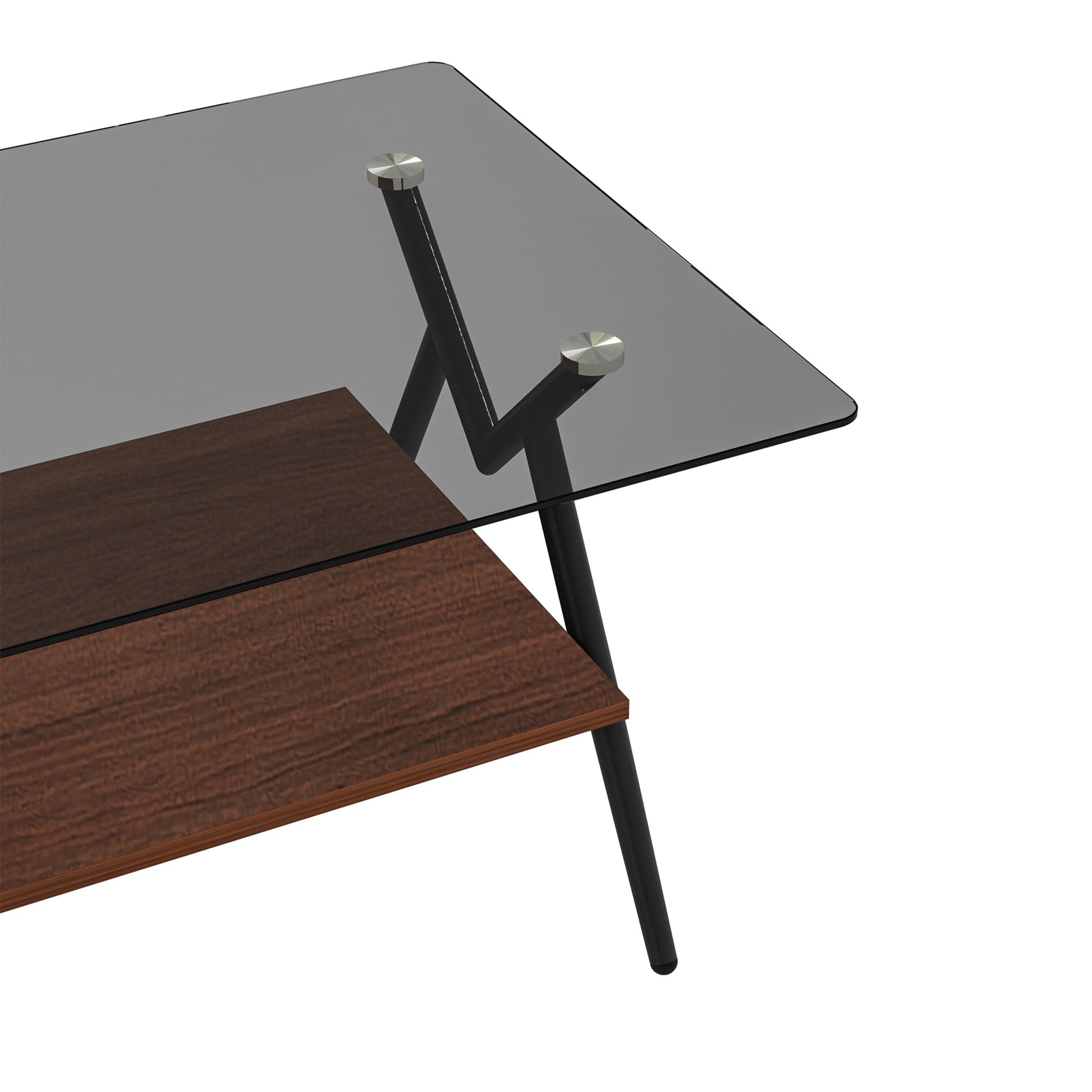 Rectangle Coffee Table with Tempered Glass top and Brown MDF Shelf, Modern Table for Living Room, Gray Glass - Korvel