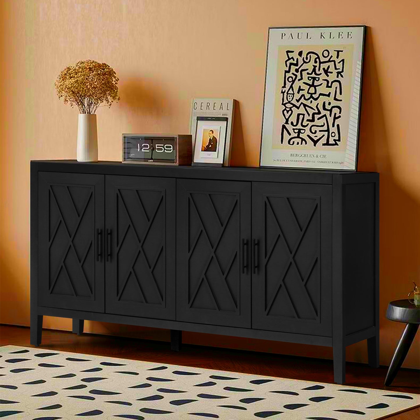 4 Door Wooden Twill Sideboard - Vintage Black & Dark Walnut