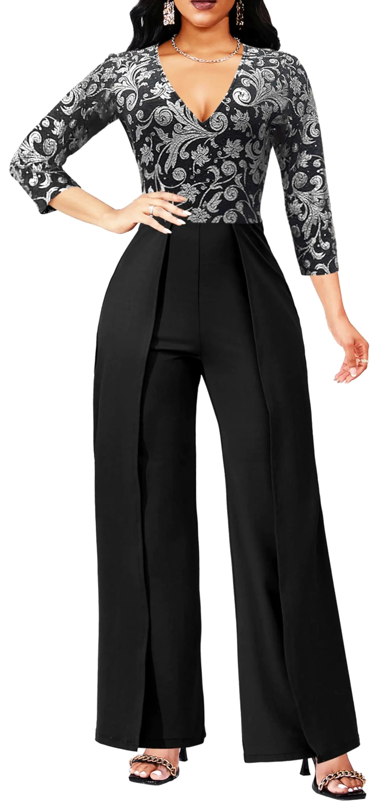 Mono Brillante para Mujer Yiershu - Elegante de Manga 3/4 y Cintura Alta