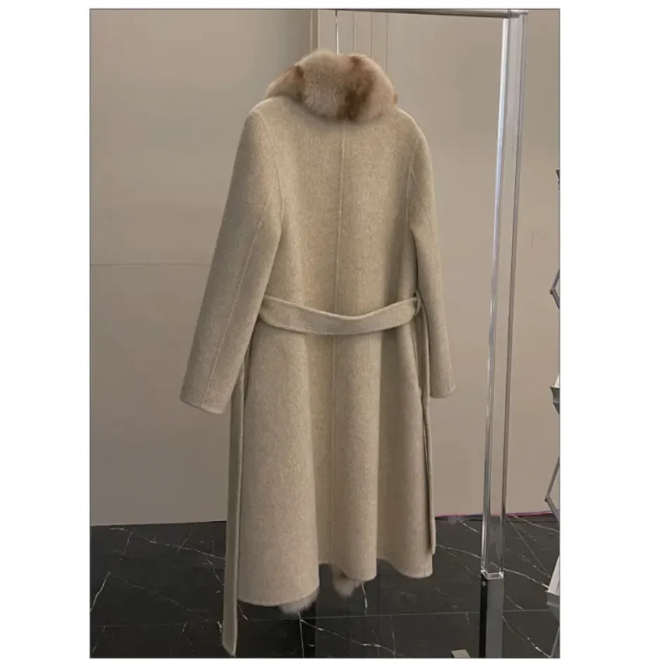Abrigo de Fleece de Alpaca Lujo con Cuello de Piel de Zorro Desmontable