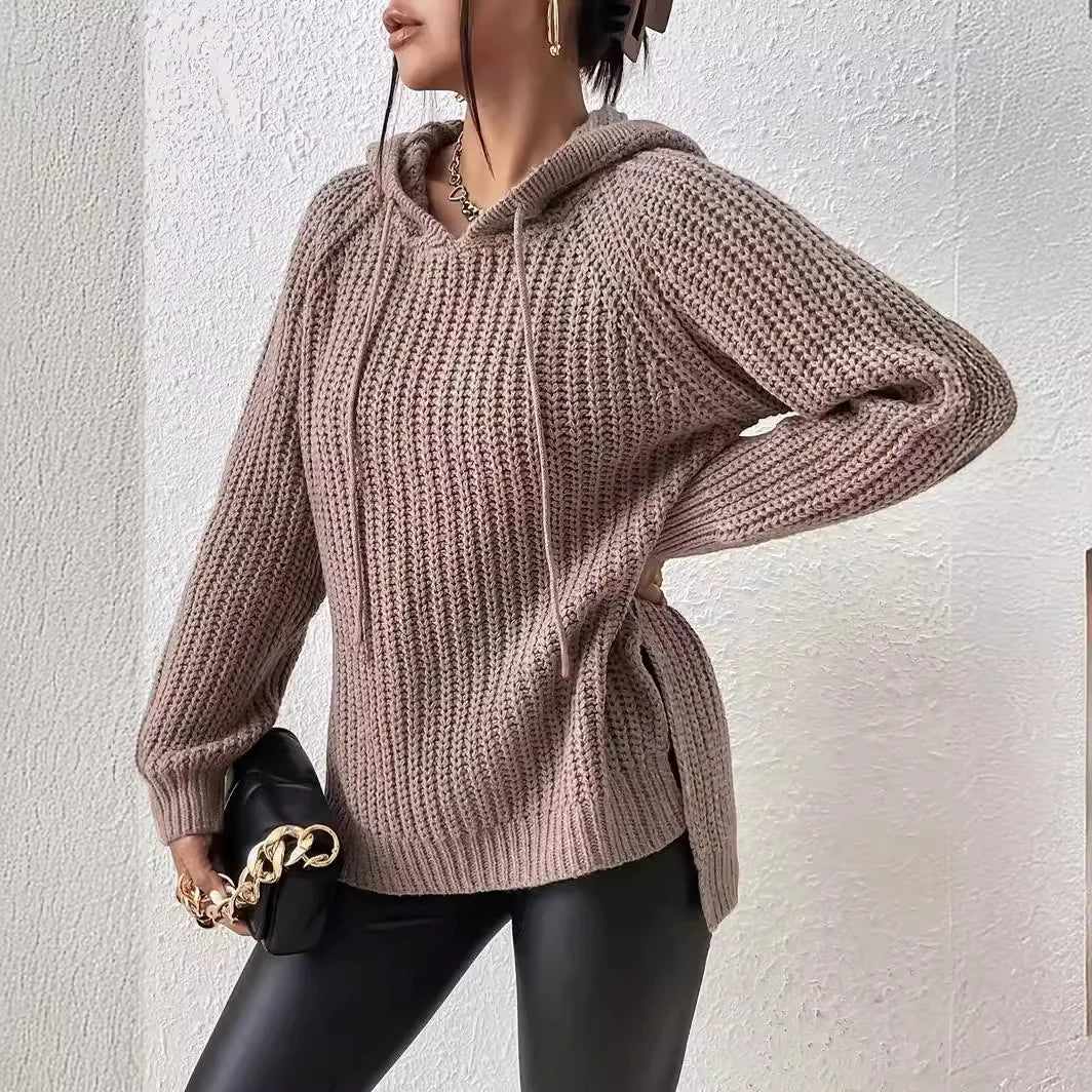 Women's Loose Pullover Hooded Sweater in Camel